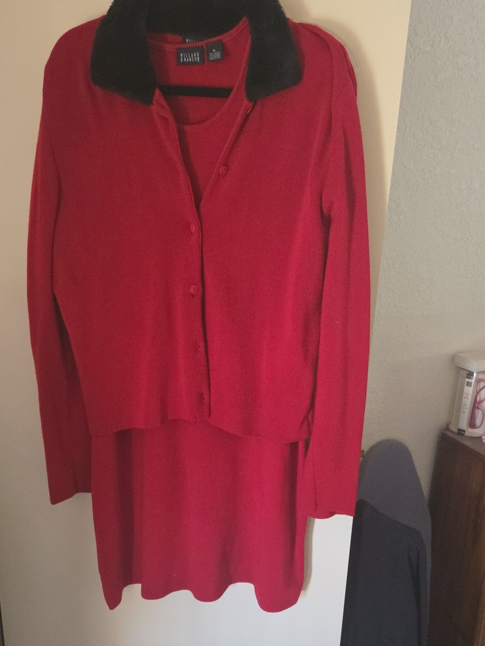 Vintage Hillard & Hanson Red Knit 2-Piece Dress Set Faux Fur Collar XL Y2K